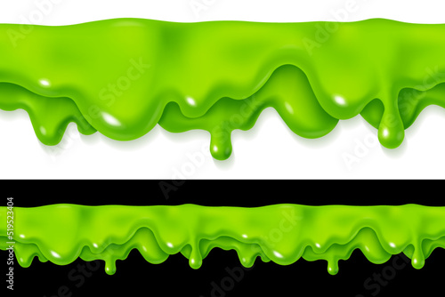 Green slime drop seamless. Liquid paint sauce drip. 3d realistic vector illustration isolated on black background. Halloween design. Flowing melted toxic blob. Horizontal leaking border photo