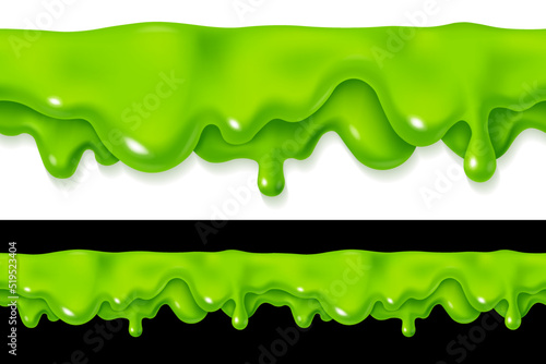 Green slime drop seamless. Liquid paint sauce drip. 3d realistic vector illustration isolated on black background. Halloween design. Flowing melted toxic blob. Horizontal leaking border