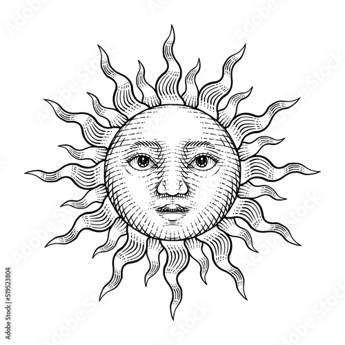 Sun Face vector drawn with engraving style photo