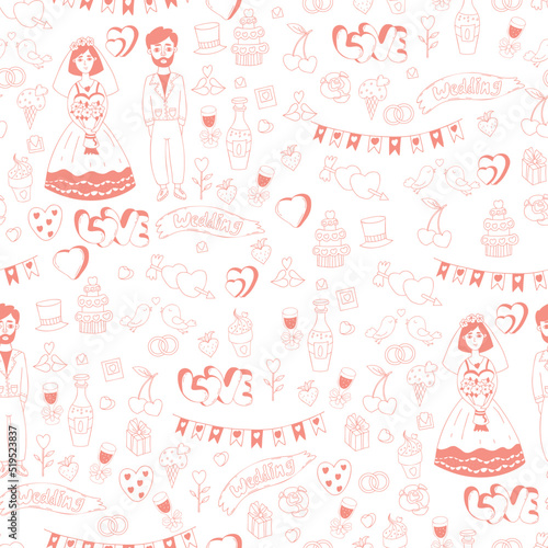 Seamless wedding pattern. Couple of newlyweds, bride and groom, hearts, cake, garland and gifts on white background. Linear hand drawn doodle. Vector illustration for design, decor, wallpaper, print.