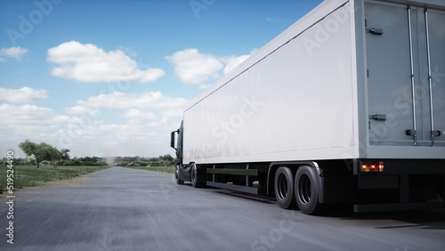 Generic 3d model of truck very fast driving on highway. Logistic, transport concept. 3d rendering.