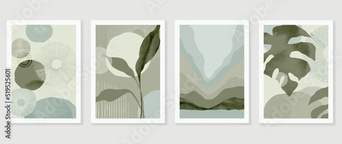 Set of abstract foliage wall art vector. Leaves, organic shapes, green tone, leaf branch, monstera in line art style. Watercolor wall decoration collection design for interior, poster, cover, banner.