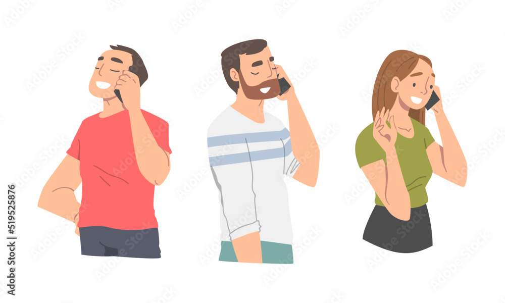 Young people using smartphones set. Cheerful men and woman talking on phones cartoon vector illustration Young people using smartphones set. Cheerful men and woman talking on phones cartoon vector illustration