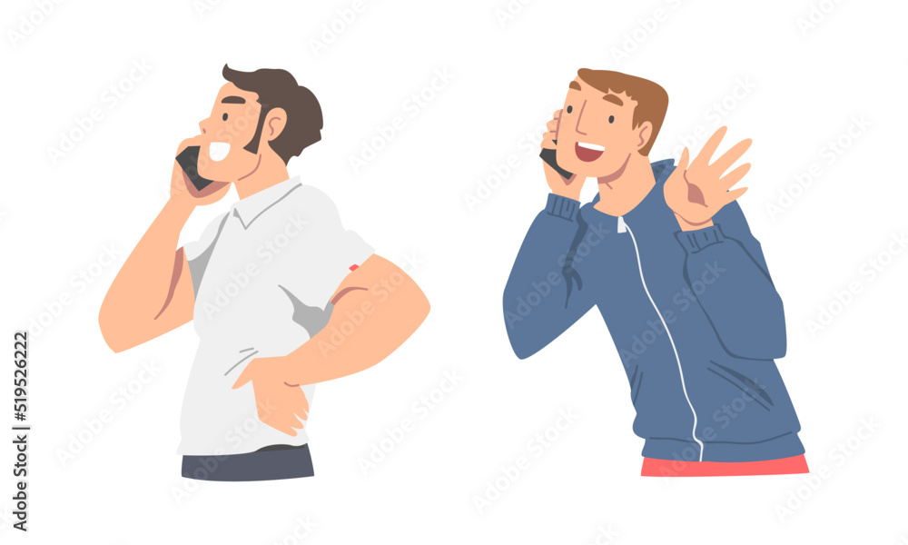 Young men talking on smartphones set cartoon vector illustration Young men talking on smartphones set cartoon vector illustration