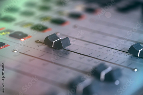 Close up of audio mixing console
