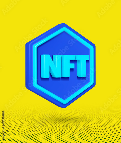 NFT non-fungible token, Realistic 3d nft icon symbol. Design for poster, website, banner, brochure, calendar, card. Template vector illustration isolated on yellow background.
