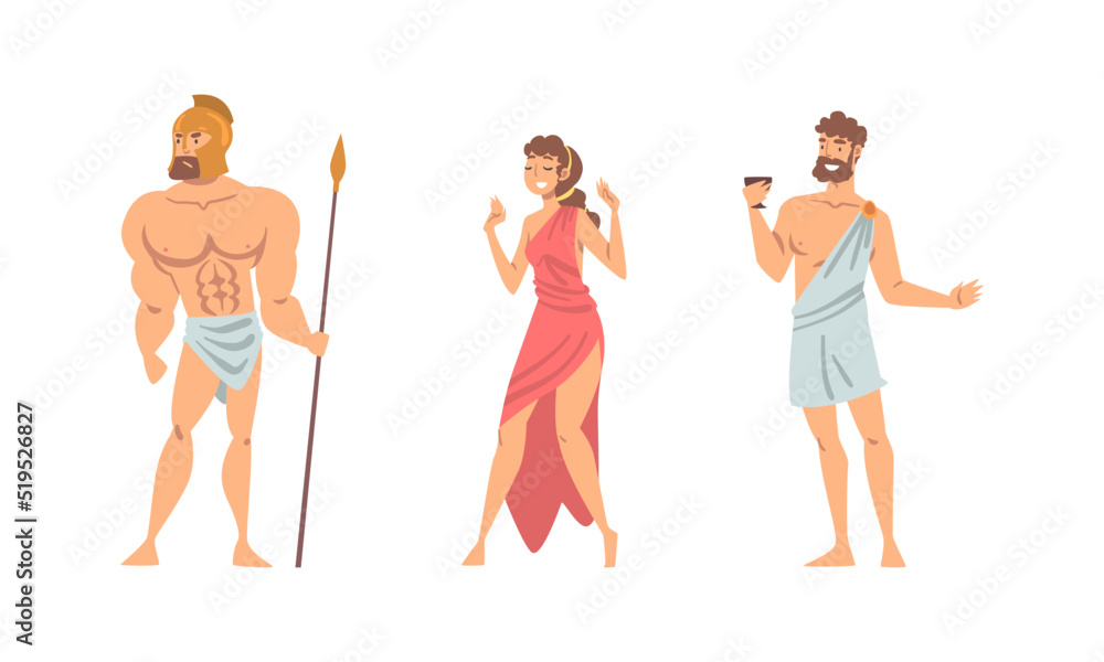 Obraz premium Ancient Greek people in traditional clothes set cartoon vector illustration