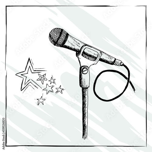 Microphone with cord connection. Hand-drawn black and white pen illustration.	
