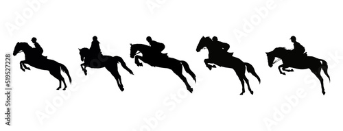 Show Jumping. Horse and jockey jumping vector silhouette set.