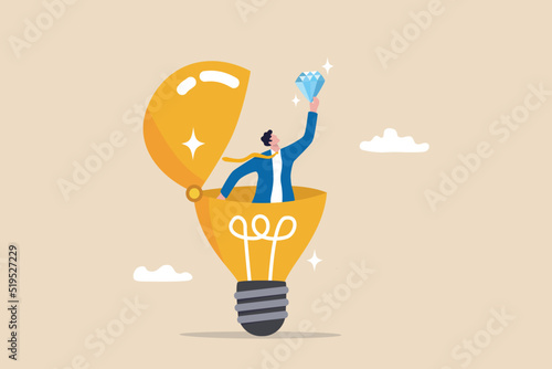 Business value, discover opportunity or benefit from idea, quality measurement or search for brilliant idea worth concept, businessman discover valuable priceless diamond from bright lightbulb idea.