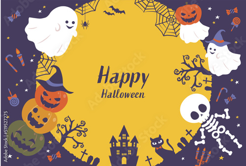 ハロウィン カボチャとオバケと骸骨のかわいいホラー背景素材