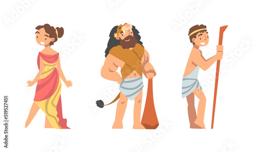 Set of ancient Greek people in traditional clothes cartoon vector illustration