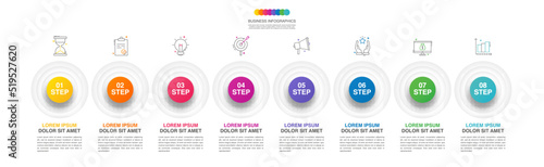 Vector 3D Infographic with 8 steps for success. Business template circle with icons for report, diagram, brochure, web design, workflow, timeline.