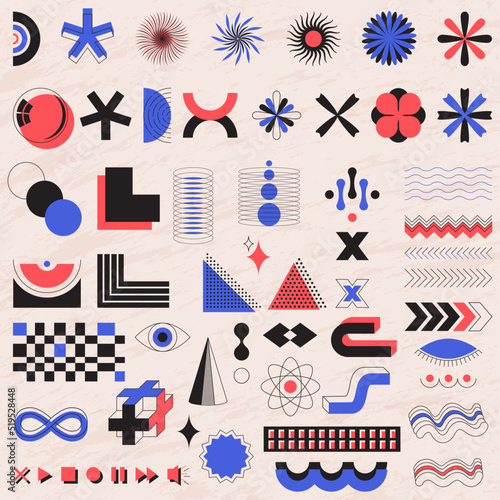 A set of graphic elements. Bauhaus and brutalism style inspired. Vector abstract linear elements and bold geometric shapes. Great for posters, flyers, covers, web design. Retro futurism shapes. Vector