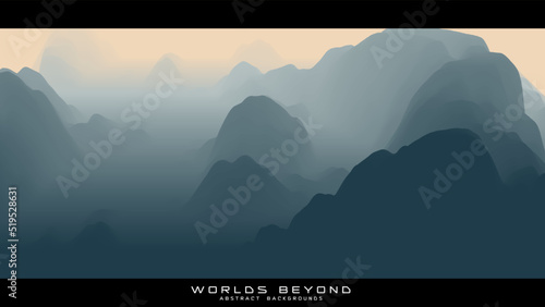 Abstract gray landscape with misty fog till horizon over mountain slopes. Gradient eroded terrain surface. Worlds beyond.