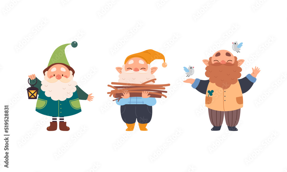 Set of garden gnomes. Cute beaded friendly dwarfs fairy tale characters cartoon vector illustration
