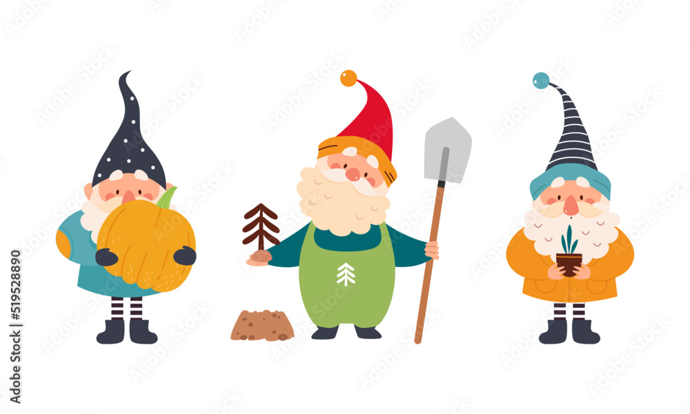 Set of garden gnomes. Dwarfs holding pumpkin and fir tree seedling, cute fairy tale characters cartoon vector illustration - obrazy, fototapety, plakaty 