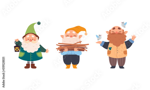 Set of garden gnomes. Cute beaded friendly dwarfs fairy tale characters cartoon vector illustration