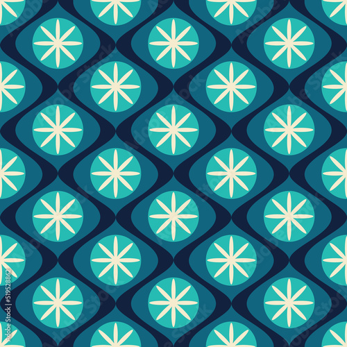 Ogee wavy floral 70s turquoise blue seamless pattern design illustration