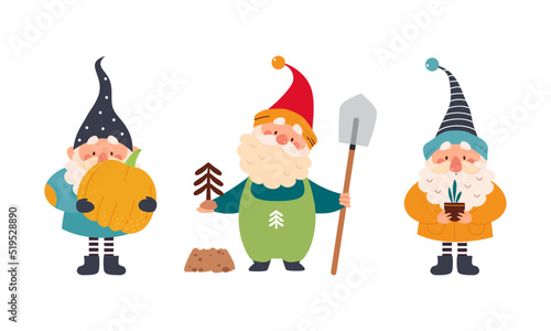 Set of garden gnomes. Dwarfs holding pumpkin and fir tree seedling, cute fairy tale characters cartoon vector illustration