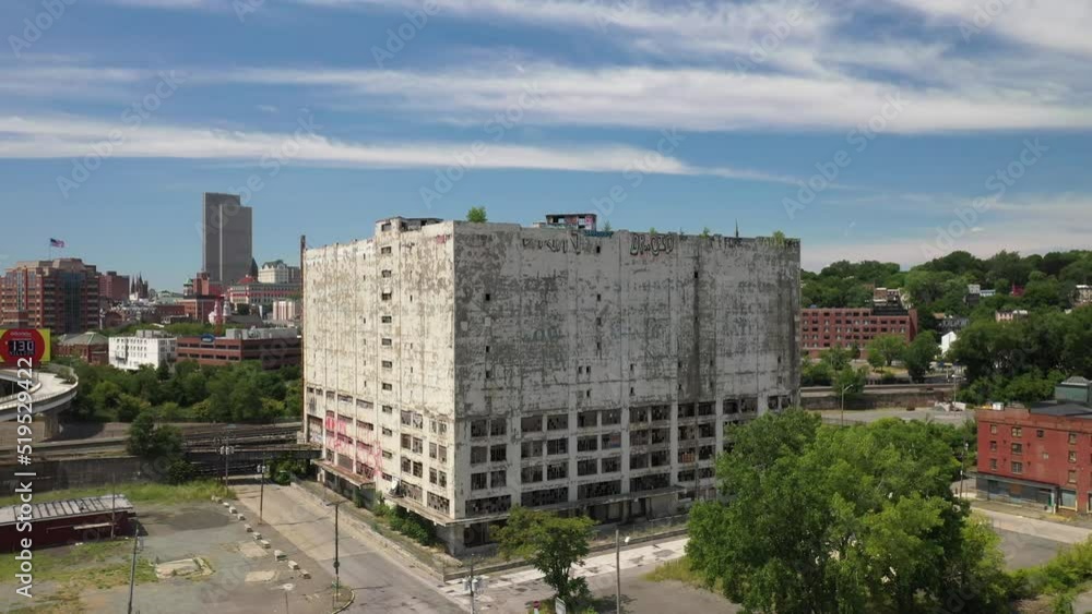 Abandoned building in Albany, New York with drone video pulling out. Abandoned building in Albany, New York with drone video pulling out.