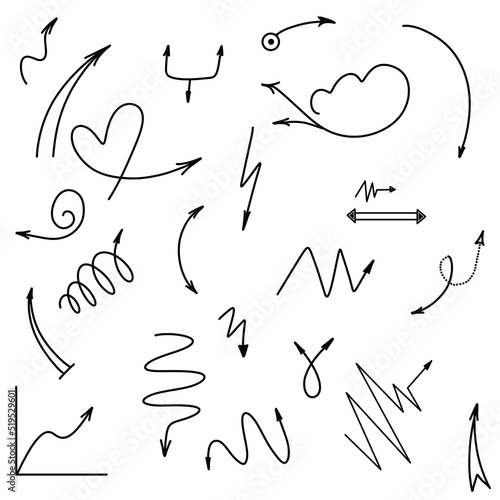 A set of black Doodle Swash thin lines includes a heart  a stroke  a circle and an arrow sign. illustration