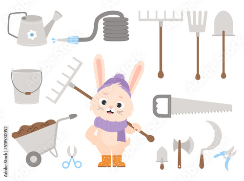 Set hare farmer and gardening tools. Cute rabbit with rake and his garden tools - shovel, pitchfork, bucket, wheelbarrow and watering can, hose, saw, an ax and sickle. Vector illustration. Isolated.