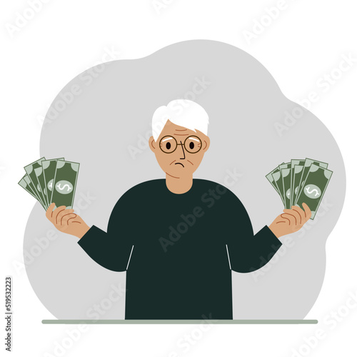 A old man with banknotes in both hands. The concept of wealth. Vector