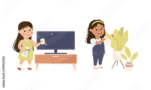 Cute kids doing housework chores set. Little girls wiping dust from tv screen and watering houseplants cartoon vector illustration