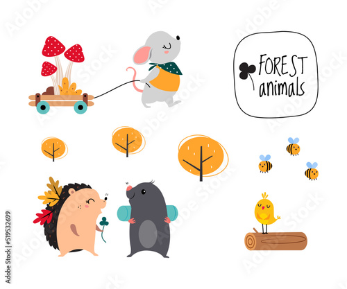 Cute forest animals hiking and camping on nature set cartoon vector illustration