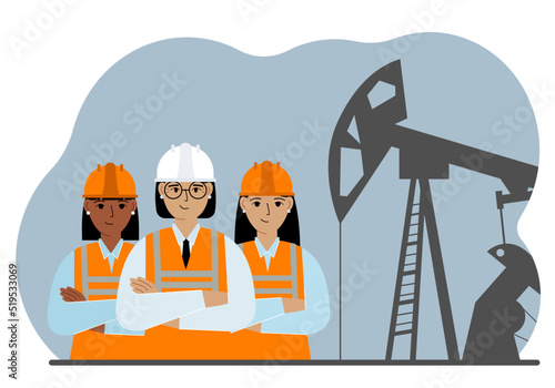 Oil refinery engineer. A female worker in front of a pumping unit for oil extraction, oil drilling and well repair.