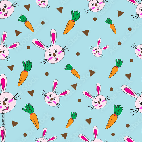 Cute rabbit and carrot on blue background 