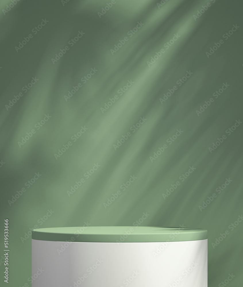 Product podium mockup display with green and white background with tree shadow,summer background,3D render illustration Product podium mockup display with green and white background with tree shadow,summer background,3D render illustration