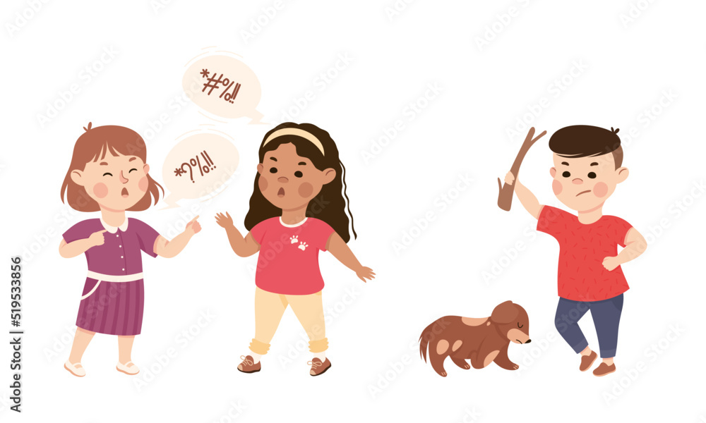 Bad behavior of kids set. Two girls swearing loudly, boy beating his dog with stick cartoon vector illustration Bad behavior of kids set. Two girls swearing loudly, boy beating his dog with stick cartoon vector illustration