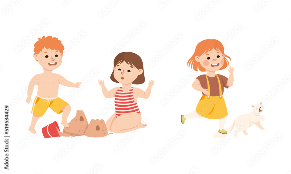 Bad behavior of kids set. Angry boy destroying sandcastle, girl stepping on tail of cat cartoon vector illustration Bad behavior of kids set. Angry boy destroying sandcastle, girl stepping on tail of cat cartoon vector illustration