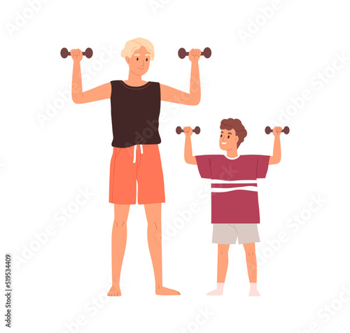 Father and kid doing sports, strength exercises with dumbbells in hands. Dad and child training together. Strong family during home workout. Flat vector illustration isolated on white background