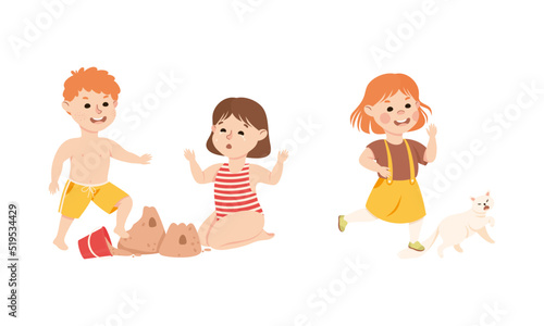 Bad behavior of kids set. Angry boy destroying sandcastle, girl stepping on tail of cat cartoon vector illustration