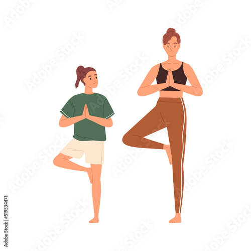 Mother and kid practicing yoga exercises. Mom and child doing asana, standing in Tree Pose together. Parent and daughter during workout. Flat vector illustration isolated on white background