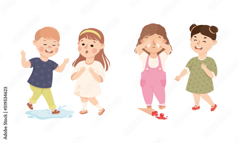 Bad behavior of kids set. Bully boy jumping into puddle and spraying girl with mud, friend laughing at girl whose ice cream fell cartoon vector illustration Bad behavior of kids set. Bully boy jumping into puddle and spraying girl with mud, friend laughing at girl whose ice cream fell cartoon vector illustration