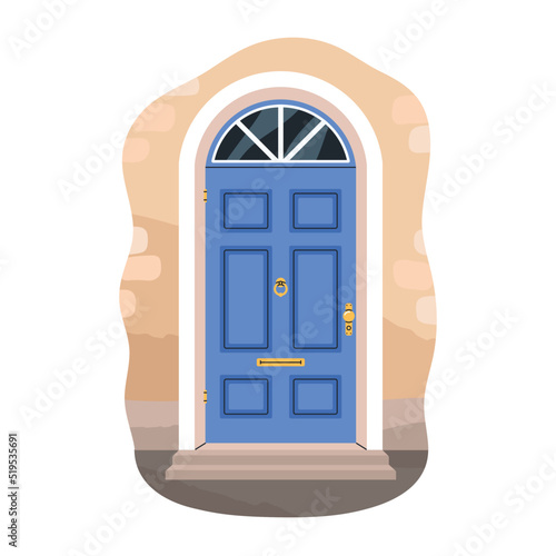 Front door of dwelling house. Home entrance exterior, facade. Arch doorway outdoors. Entry with threshold, gold knocker, knob and mail slot. Flat vector illustration isolated on white background