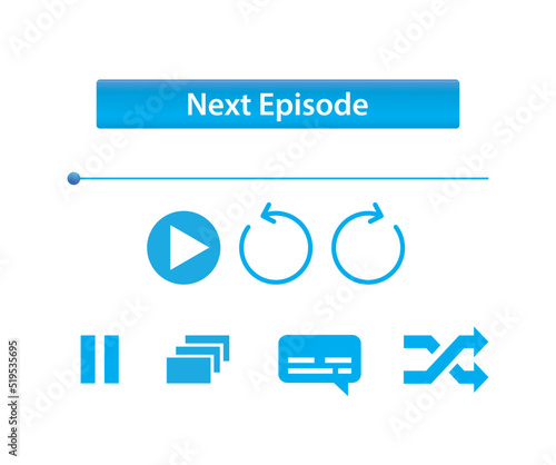 web media player buttons, play, pause, shuffle, subtitles, nex episode. Vector interface design elements, online streaming service ui concept