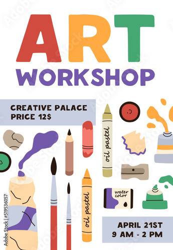 Art workshop promo flyer design. Vertical ad banner of creative drawing class...