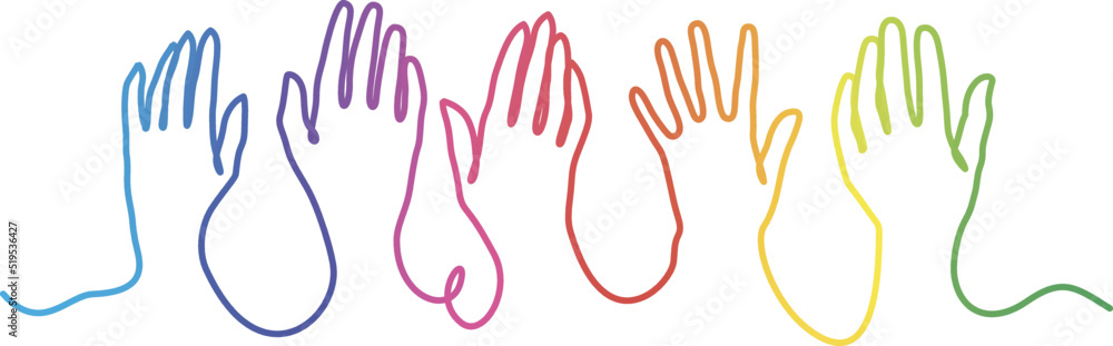 Obraz premium People raising their hands. Rainbow colors continuous line vector illustration.