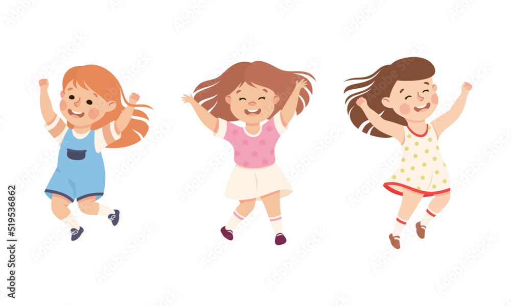 Happy kids having fun. Joyful girls playing together and happily jumping cartoon vector illustration Happy kids having fun. Joyful girls playing together and happily jumping cartoon vector illustration