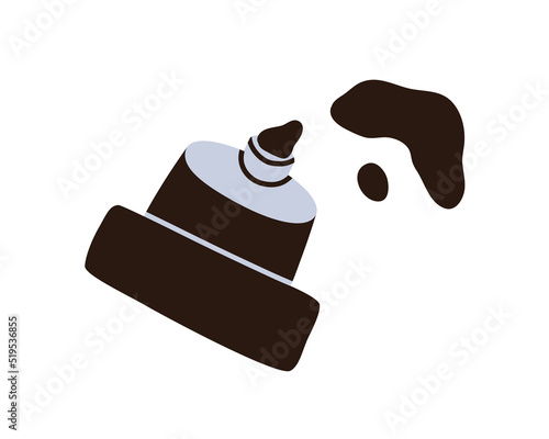 Squeezed paint tube. Used squashed open pack of ink, black dye with spilled color splatters, splashes. Rolled package of colour. Flat vector illustration isolated on white background