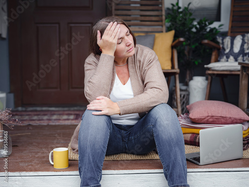 Принти на полотні Anxious angry woman unable to access database on laptop, forgetting password, having weak wifi signal