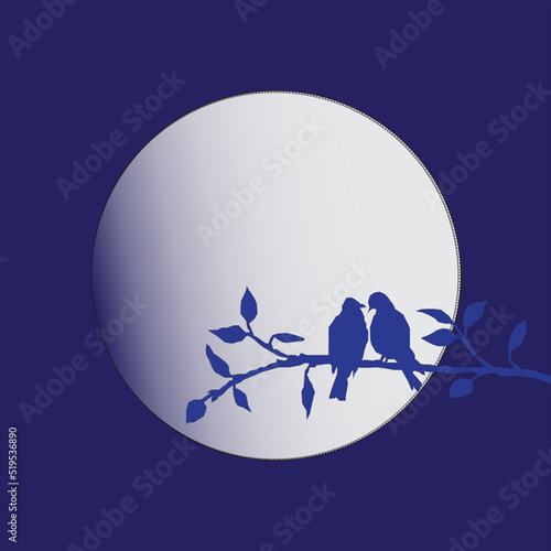 birds on a branch with full moon