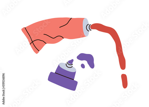 Squeezed paint tubes with colour splashes. Used squashed open packs of pigments, dye with spilled color splatters. Rolled packages of oil. Flat vector illustration isolated on white background