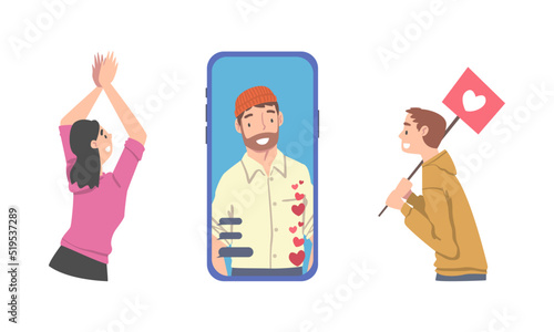 Influencer in smartphone speaking with enthusiastic followers cartoon vector illustration