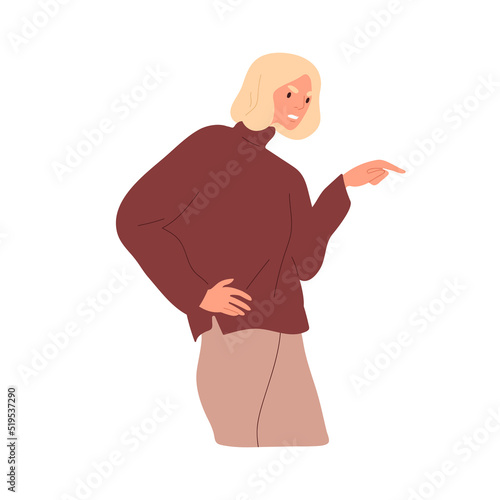Angry dissatisfied woman pointing with finger, complaining, blaming and criticizing. Exasperated furious rude person in anger and bad mood. Flat vector illustration isolated on white background